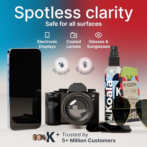 Koala Eyeglass Lens Cleaner Spray Kit | (1x) Glasses Cleaner Bottle + (1x) Microfiber Cloth | Alcohol Free Eyeglasses, Screen, and Camera Cleaning Kit | Made in USA (2 Piece Set)