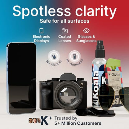 Koala Eyeglass Lens Cleaner Spray Kit | (1x) Glasses Cleaner Bottle + (1x) Microfiber Cloth | Alcohol Free Eyeglasses, Screen, and Camera Cleaning Kit | Made in USA (2 Piece Set)