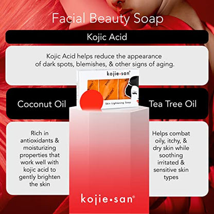Kojie San Skin Brightening Soap – The Original Kojic Acid Soap that Reduces Dark Spots, Hyper-pigmentation, & other types of skin damage – 3 x 65g Bars
