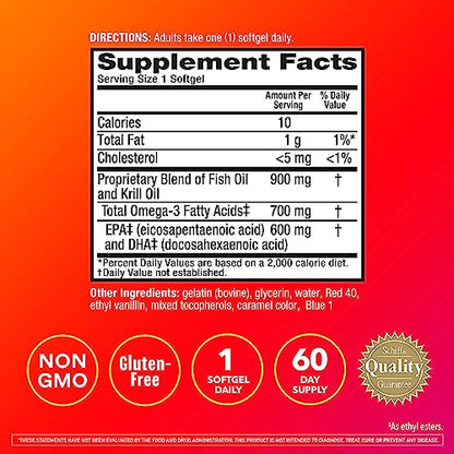 MegaRed Fish Oil + Krill Oil 900mg Omega 3 Supplement with EPA & DHA, Supports Heart, Brain, Joint and Eye Health, No Fishy Aftertaste - 60 Softgels (60 servings)
