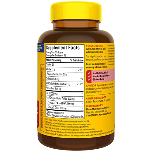 Nature Made Fish Oil 1000 mg Softgels, Omega 3 Fish Oil Supplements for Healthy Heart Support with 90 Softgels, 45 Day Supply