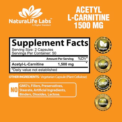 Acetyl L-Carnitine 1,500 mg High Potency Supports Natural Energy Production, Sports Nutrition, Supports Memory/Focus - 100 Veggie Capsules