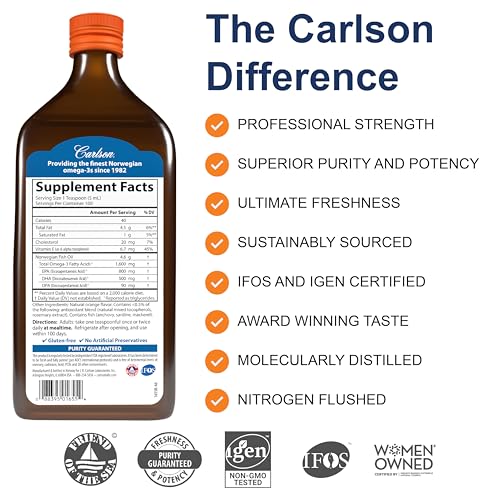 Carlson - The Very Finest Fish Oil, 1600 mg Omega-3s, Liquid Fish Oil Supplement, Norwegian Fish Oil, Wild-Caught, Sustainably Sourced Fish Oil Liquid, Orange, 16.9 Fl Oz