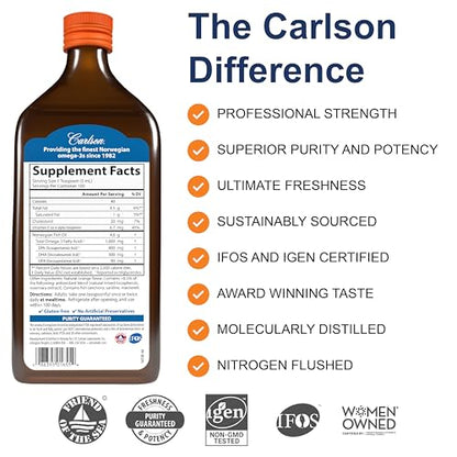 Carlson - The Very Finest Fish Oil, 1600 mg Omega-3s, Liquid Fish Oil Supplement, Norwegian Fish Oil, Wild-Caught, Sustainably Sourced Fish Oil Liquid, Orange, 16.9 Fl Oz