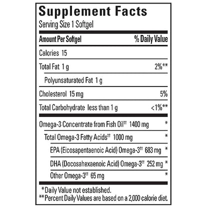 Nature Made Burp Less Ultra Omega 3 Fish Oil Supplements 1400 mg, Omega 3 Supplement for Healthy Heart, Brain and Eyes Support, One Per Day, 90 Softgels