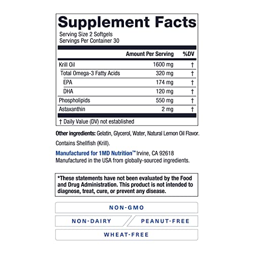 1MD Nutrition KrillMD - Antarctic Krill Oil Omega 3 Supplement with Astaxanthin, EPA, DHA | 2X More Effective Than Fish Oil | 60 Softgels