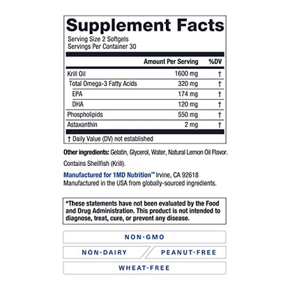 1MD Nutrition KrillMD - Antarctic Krill Oil Omega 3 Supplement with Astaxanthin, EPA, DHA | 2X More Effective Than Fish Oil | 60 Softgels