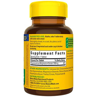 Nature Made Magnesium Oxide 250 mg, Magnesium Supplement for Muscle, Heart, Bone and Nerve Health Support, 100 Tablets, 100 Day Supply
