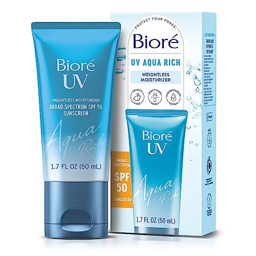 Bioré UV Aqua Rich SPF 50 PA++++ Japanese Daily Moisturizer Sunscreen for Face, For Sensitive Skin, Oil Free, Hyaluronic Acid, Vegan, Oxybenzone & Octinoxate Free, Dermatologist Tested, 1.7 Oz