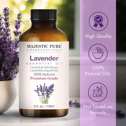 MAJESTIC PURE Lavender Essential Oil - Huge 4 fl oz with Dropper | 100% Pure and Natural Lavender Oil | Premium Grade Essential Oils for Diffusers, Skin, Aromatherapy, Massage