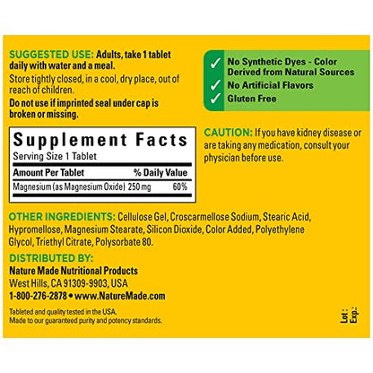 Nature Made Magnesium Oxide 250 mg, Magnesium Supplement for Muscle, Heart, Bone and Nerve Health Support, 200 Tablets, 200 Day Supply