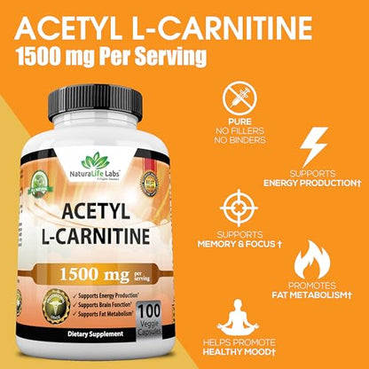 Acetyl L-Carnitine 1,500 mg High Potency Supports Natural Energy Production, Sports Nutrition, Supports Memory/Focus - 100 Veggie Capsules