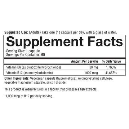 Youtheory Vitamin B12 B6, Daily Energy and Brain Support Supplement, Vegetarian Capsules, 60 ct