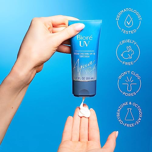 Bioré UV Aqua Rich SPF 50 PA++++ Japanese Daily Moisturizer Sunscreen for Face, For Sensitive Skin, Oil Free, Hyaluronic Acid, Vegan, Oxybenzone & Octinoxate Free, Dermatologist Tested, 1.7 Oz
