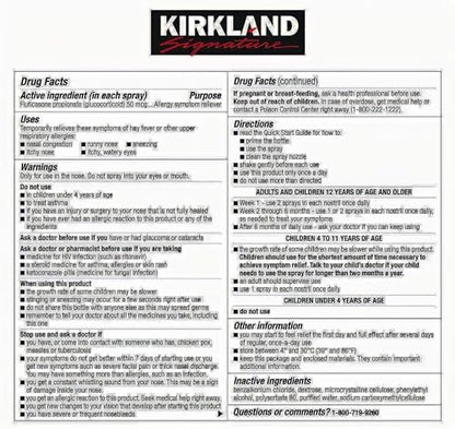 KIRKLAND SIGNATURE Aller-Flo Fluticasone Propionate (Glucorticoid) 5 Bottles x 120 Metered Sprays 0.54 Fl OZ per Bottle (15.8 mL x 5) 2.70 OZ Total (79 mL Total) 600 Total Sprays Total, 1-Pack