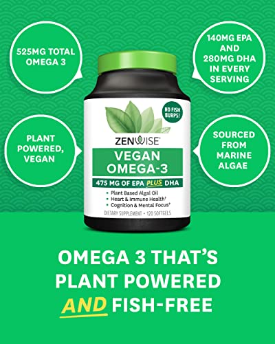 Zenwise Health Vegan Omega 3 - Plant Powered Omega-3 from Marine Algal Oil with EPA and DHA Fatty Acids - AVA Certified Vegan Support for Immune Function, Brain, Joints, Heart & Skin - 120 Count