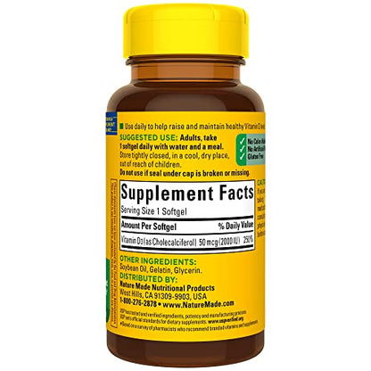 Nature Made Vitamin D3 2000 IU (50 mcg), Dietary Supplement for Bone, Teeth, Muscle and Immune Health Support, 90 Softgels, 90 Day Supply