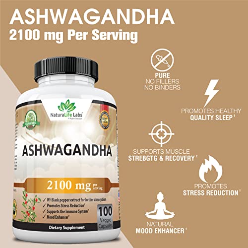 Organic Ashwagandha 2,100 mg - 100 Vegan Capsules Pure Organic Ashwagandha Powder and Root Extract - Stress Relief, Mood Enhancer