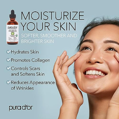 PURA D'OR 4 Oz ORGANIC Vitamin E Oil Blend 70,000 IU - 100% Natural Hexane Free, Sweet Almond, Apricot, Jojoba, Argan, Rosehip, Sunflower & Avocado Bath Oil For Scars, Skin, Face & Full Body