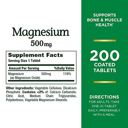 Nature's Bounty Magnesium, Bone and Muscle Health, Whole Body Support, Tablets, 500 Mg, 200 Ct