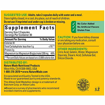 Nature Made Magnesium Glycinate 200 mg per serving, Magnesium Supplement for Muscle, Heart, Nerve and Bone Support, 60 Magnesium Bisglycinate Capsules, 30 Day Supply
