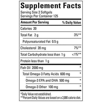 Nature Made Fish Oil Supplements 1000 mg Softgels, Omega 3 for Healthy Heart Support, 250 Softgels, 125 Day Supply
