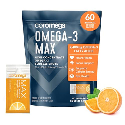Coromega MAX High Concentrate Omega 3 Fish Oil, 2400mg Omega-3s with 3X Better Absorption Than Softgels, 60 Single Serve Packets, Citrus Burst Flavor; Omega 3 Supplement with Vitamin D