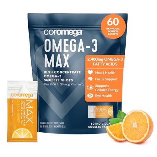 Coromega MAX High Concentrate Omega 3 Fish Oil, 2400mg Omega-3s with 3X Better Absorption Than Softgels, 60 Single Serve Packets, Citrus Burst Flavor; Omega 3 Supplement with Vitamin D