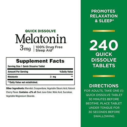 Nature’s Bounty Melatonin 3mg, 100% Drug Free Sleep Aids for Adults, Supports Relaxation and Sleep, Dietary Supplement, 240 Count (Cherry Flavour - Packaging May Vary)