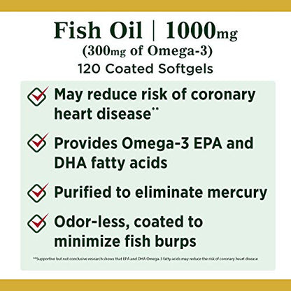 Nature's Bounty Fish Oil, Supports Heart Health, Dietary Supplement, 300mg Omega-3, 120 Coated Softgels