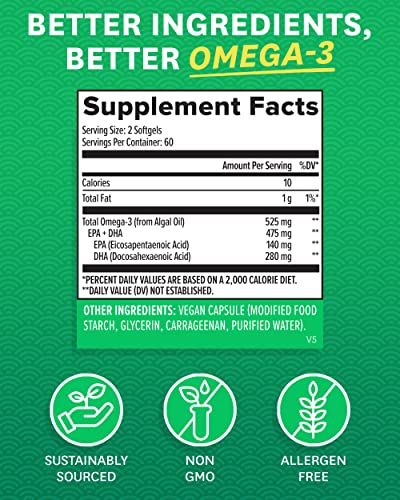 Zenwise Health Vegan Omega 3 - Plant Powered Omega-3 from Marine Algal Oil with EPA and DHA Fatty Acids - AVA Certified Vegan Support for Immune Function, Brain, Joints, Heart & Skin - 120 Count