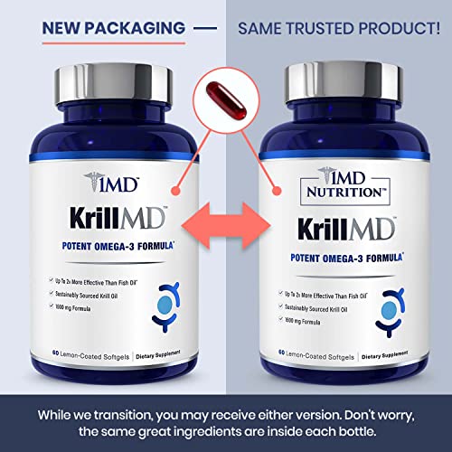1MD Nutrition KrillMD - Antarctic Krill Oil Omega 3 Supplement with Astaxanthin, EPA, DHA | 2X More Effective Than Fish Oil | 60 Softgels