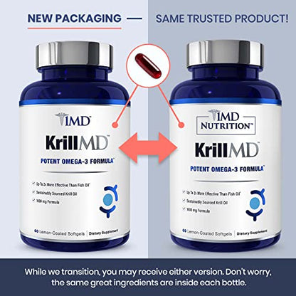 1MD Nutrition KrillMD - Antarctic Krill Oil Omega 3 Supplement with Astaxanthin, EPA, DHA | 2X More Effective Than Fish Oil | 60 Softgels