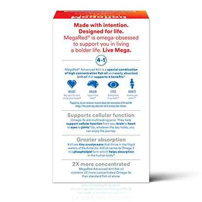 MegaRed Omega 3 Fish Oil & Antarctic Krill Oil Softgels for Brain, Heart, Joints & Eye Support, (80 Count Bottle), Concentrated Omega 3 Fatty Acid Supplement with EPA, DHA, Phospholipids