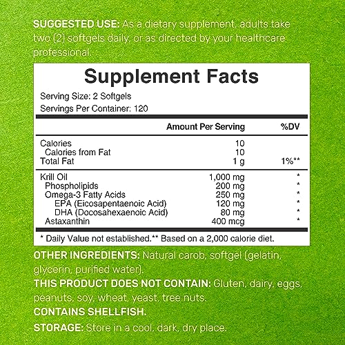 DEAL SUPPLEMENT Antarctic Krill Oil, 1,000mg Per Serving, 240* Softgels – Mercury Free, No Fishy Taste – Rich in Omega-3s, EPA, DHA, Astaxanthin, & Phospholipids – Non-GMO, No Gluten