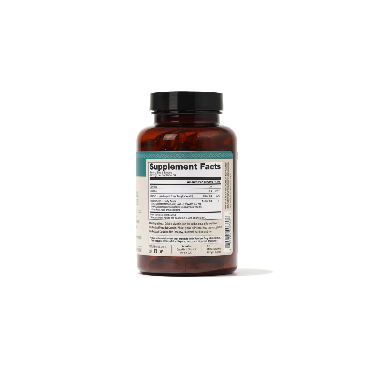 NatureWise Extra-Strength Omega 3 Fish Oil Supplement - 1000mg per Serving - 600 EPA & 400 DHA and Vitamin E - Support for Heart & Brain Health - Lemon Flavor, Non-GMO - 60 Softgels[1-Month Supply]