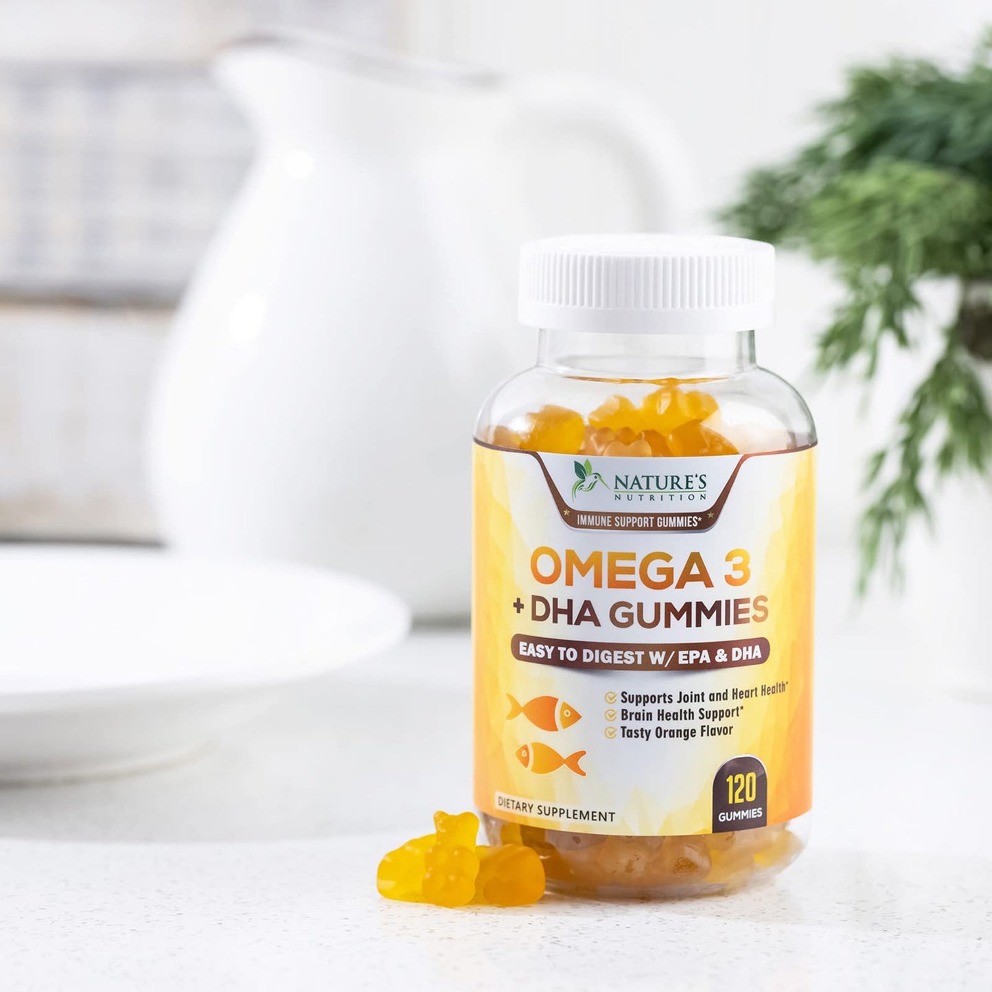 Omega 3 Fish Oil Gummies, Heart Healthy Omega 3 Gummy Supplement with High Absorption DHA & EPA, Extra Strength Joint & Brain Support, Omega 3 Fish Oil Nature's Vitamin, Orange Flavor - 120 Gummies