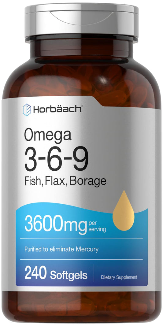 Horbaach Triple Omega 3-6-9 240 Softgels | from Fish, Flaxseed, Borage Oils | Non-GMO & Gluten Free