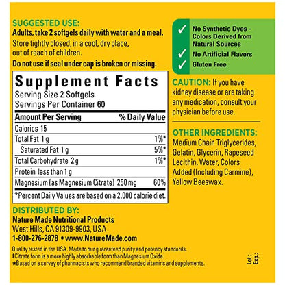Nature Made Magnesium Citrate 250 mg per serving, Magnesium Supplement for Muscle, Nerve, Bone and Heart Support, 120 Softgels, 60 Day Supply
