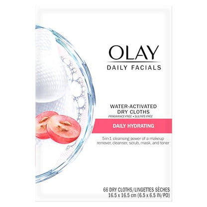 Olay Daily Facials, Daily Clean Makeup Removing Facial Cleansing Wipes, 5-in-1 Water Activated Cloths, Exfoliates, Tones and Hydrates Skin, 66 count