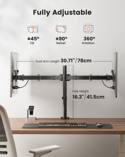 ErGear Dual Monitor Desk Mount, Fully Adjustable Dual Monitor Arm for 2 Computer Screens up to 32 inch, Heavy Duty Dual Monitor Stand for Desk, Holds up to 17.6 lbs per Arm, EGCM1