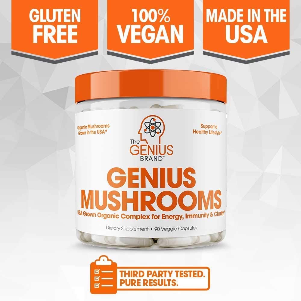 Genius Mushroom - Lions Mane, Cordyceps and Reishi - System Booster & Nootropic Supplement - for Energy & Support, 90 Veggie Pills