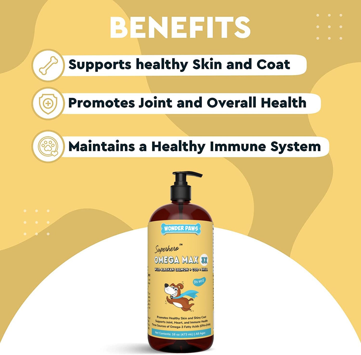 Wonder Paws Fish Oil For Dogs - Omega 3 For Dogs From Alaskan Salmon, Cod & Krill Oil - EPA DHA Fatty Acids - Less Shedding & Itching - Skin, Joint, Immune & Heart Health - 16 oz Pet Liquid Supplement