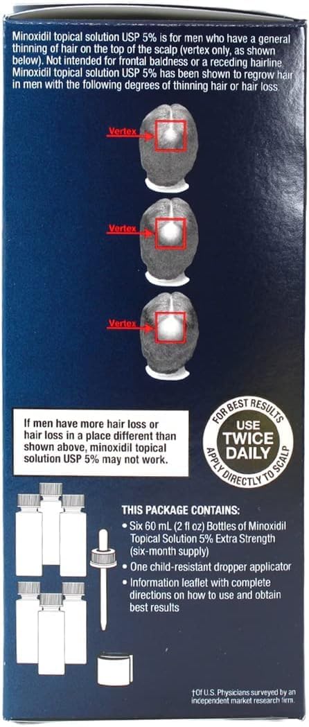Minoxidil for Men 5% Topical Solution Extra Strength Hair Regrowth Treatment, Dropper Applicator Included (6 month supply), 6 x 2 Fl Oz Clear, W/Massager for Improved Hair Growth