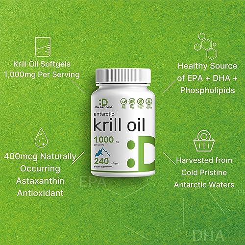 DEAL SUPPLEMENT Antarctic Krill Oil, 1,000mg Per Serving, 240* Softgels – Mercury Free, No Fishy Taste – Rich in Omega-3s, EPA, DHA, Astaxanthin, & Phospholipids – Non-GMO, No Gluten