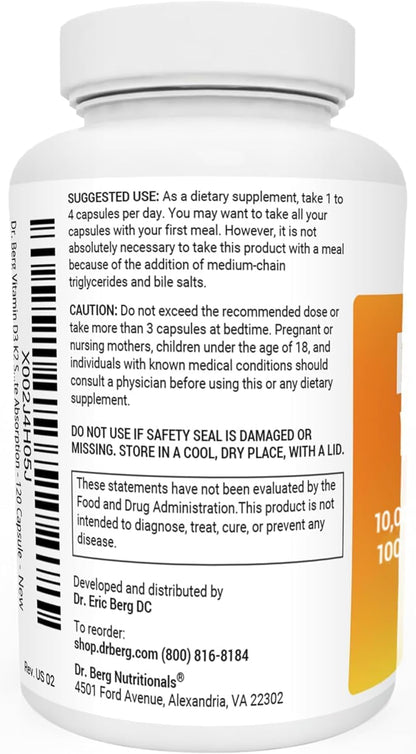 Dr. Berg Vitamin D3 K2 w/MCT Powder - Includes 10,000 IU of Vitamin D3, 100 mcg MK7 Vitamin K2, Purified Bile Salts, Zinc & Magnesium for Ultimate Absorption - K2 D3 Vitamin Supplement - 120 Capsule
