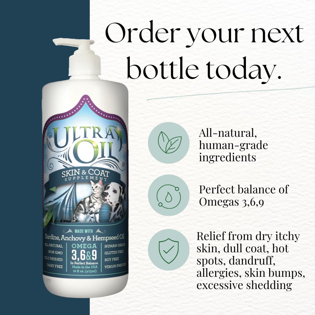 Ultra Oil Skin & Coat Supplement for Dogs & Cats with Hemp, Flaxseed, Grape Seed, Fish Oils - 16oz