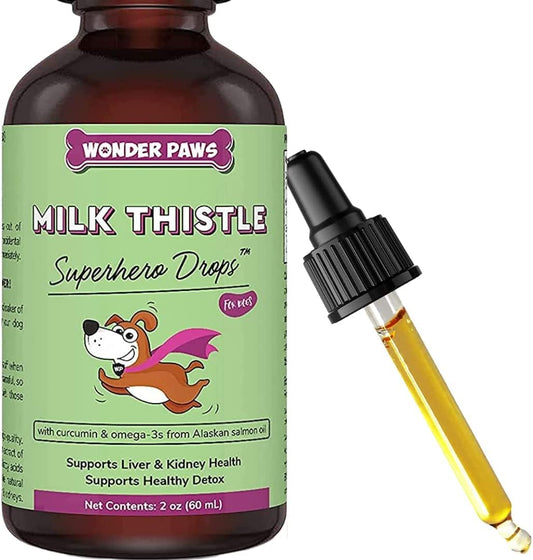 Wonder Paws Milk Thistle, Liver Support for Dogs, Supports Kidney Function for Pets, Detox, Hepatic Support, with Wild Alaskan Salmon Oil & Curcumin, Omega 3 EPA & DHA (2, Ounces)