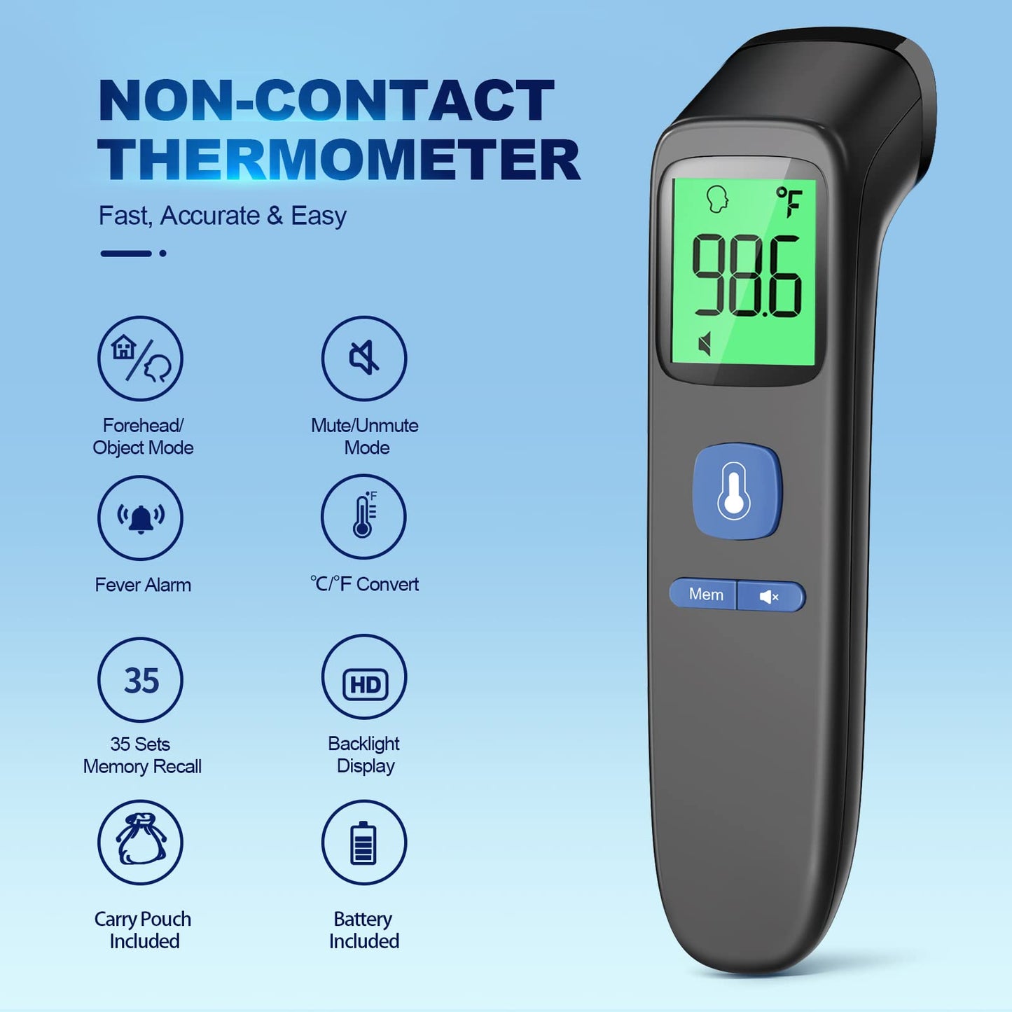 Non-Contact Thermometer for Adults and Kids, FSA eligible, Accurate & Easy to use Baby Thermometer, 1 Second Result, Mute Mode, Color-Coded Screen (Black)