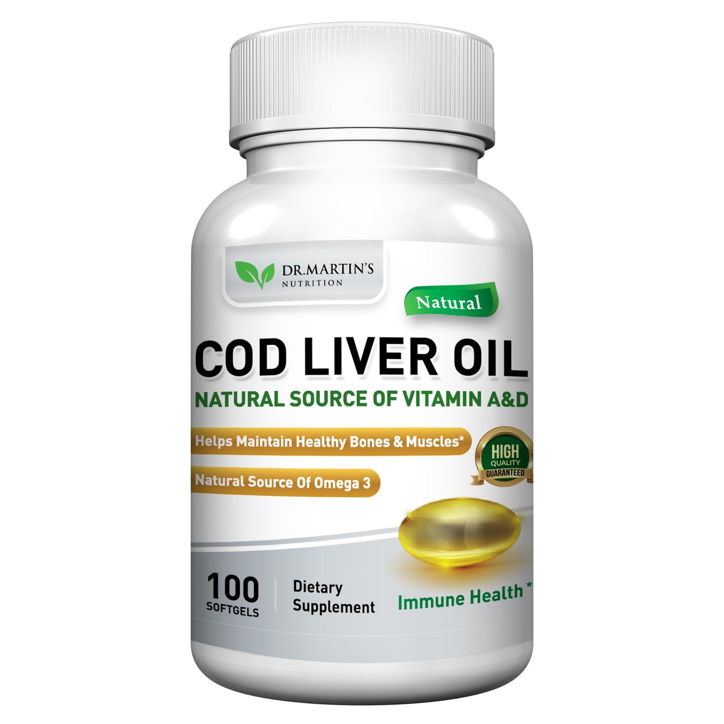 Burpless COD Liver Oil | 100 Softgels | Natural Source of Omega 3 Fatty Acids EPA & DHA | Vitamin A & D | Support Brain, Heart, Eye & Immune Health For Joints, Bones & Muscles Supplement No AfterTaste